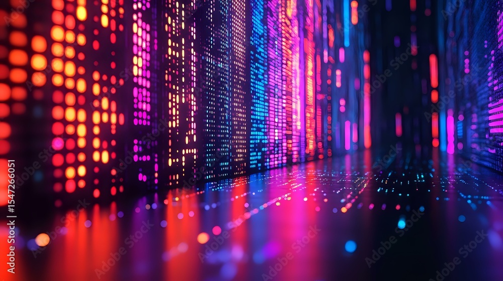 Poster vibrant digital matrix with glowing red and blue neon lights creating depth perspective. futuristic 
