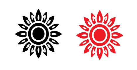 Two floral designs one in black and one in red with petal like shapes arranged around a central circle