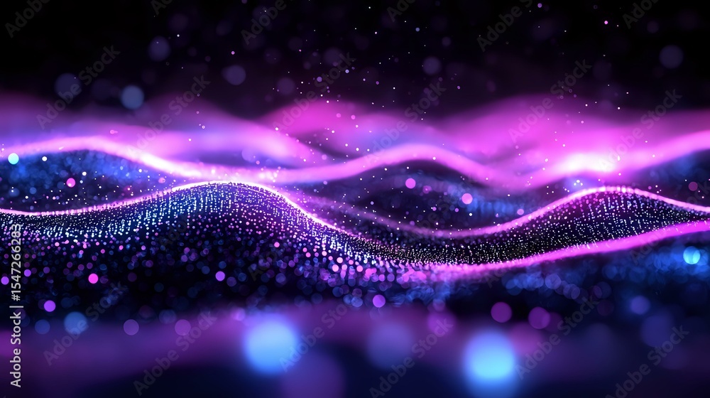 Poster glowing purple and blue wave of particles flowing with sparkles and bokeh effects on dark background
