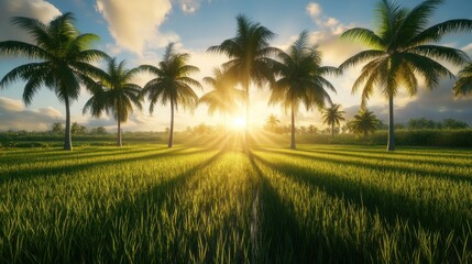 Obraz premium Tropical rice field sunset scene