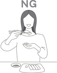 和食のNGマナー、手皿で食べる女性のベクターイラスト	
