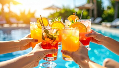 A photo of a close-up of hands toasting with summer cocktails at a poolside party/ beach, with a sunlit, refreshing background