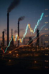 Oil gas price trade business concept. Industrial oil refinery plant and pipelines at dusk. Stock trading graph of financial market. Futuristic style. Economic fluctuations and global energy trade.