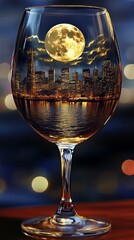 Wine glass with a miniature image of the city of San Francisco illuminated by moonlight. 