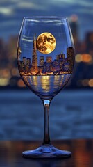 Wine glass with a miniature image of the city of San Francisco illuminated by moonlight. 
