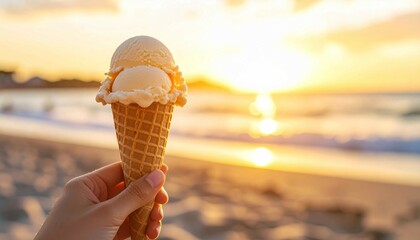 A detailed close-up of a woman’s hand holding a refreshing ice cream cone, with the sunset over the beach creating a warm, summer atmosphere