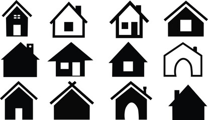 Vector illustration of 12 black home icons featuring modern, cottage, and traditional architecture styles with various roof angles, chimneys, and minimalist geometric shapes.