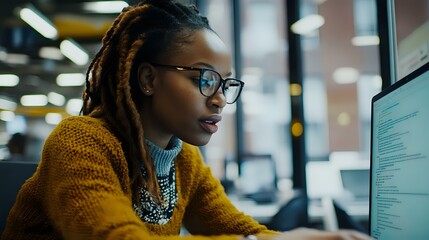 Young African American female professional in mustard yellow sweater and glasses working focused at computer screen in modern office environment.