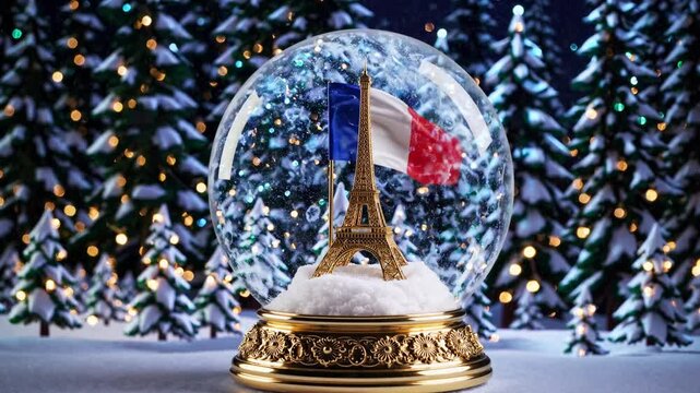 Paris snow globe with miniature Eiffel Tower and waving French flag, surrounded by snow-covered pine trees and festive winter lights, charming collectible holiday ornament, European Christmas spirit, 