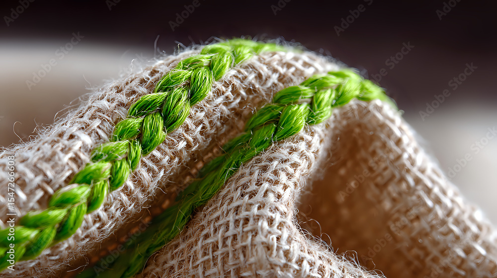 Poster textured natural linen fabric with decorative green woven stripes in close-up macro shot showing det