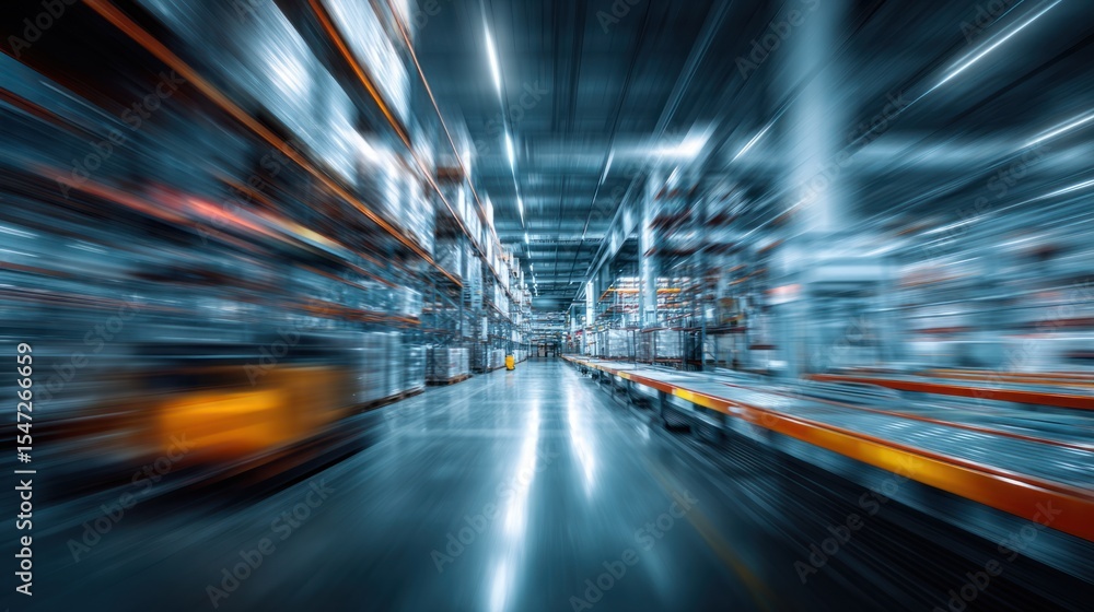 Aufkleber fast-paced logistics: a dynamic warehouse scene with motion blur conveying speed and efficiency in s