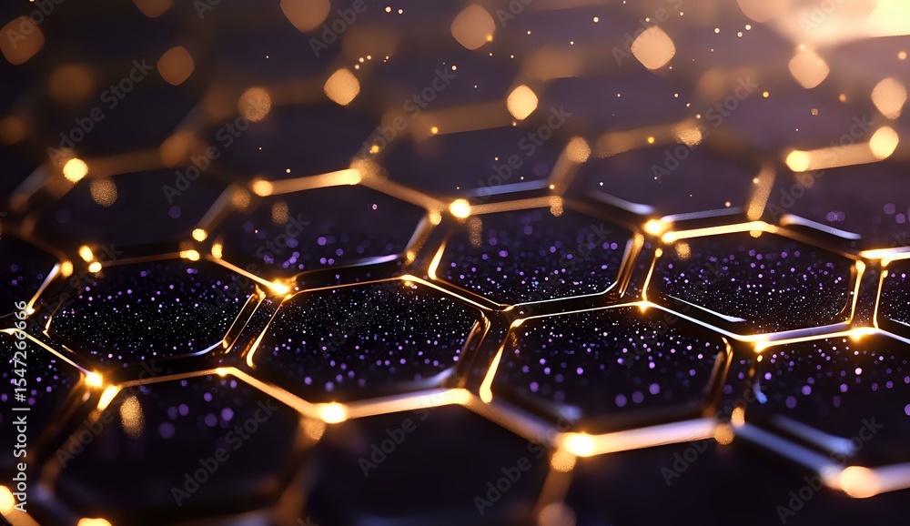 Poster glowing golden hexagonal molecular structure on dark background with bokeh lights and sparkles creat