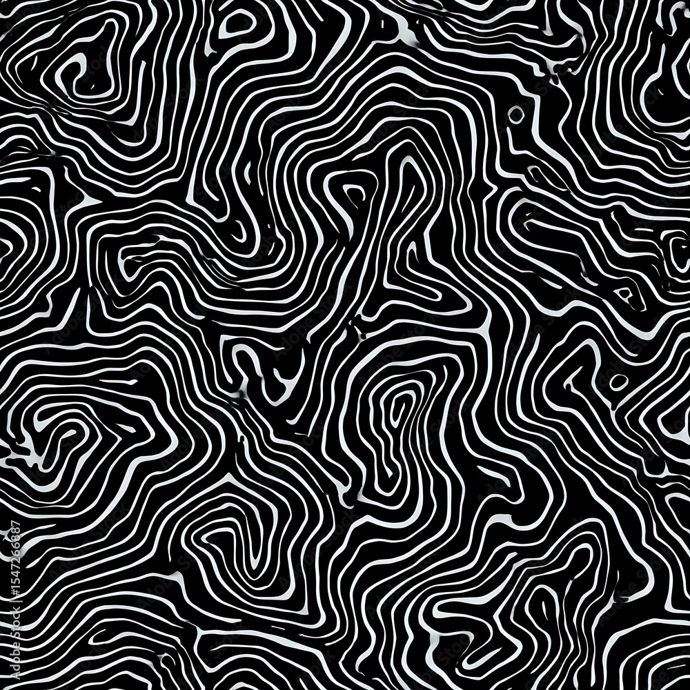 Poster abstract black and white topographic line pattern with wavy organic curves creating seamless repeati