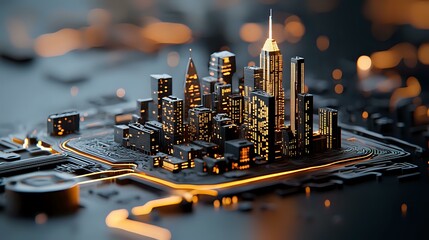 Futuristic cityscape emerging from circuit board with glowing skyscrapers and electronic pathways in golden hour lighting creates modern technology concept.