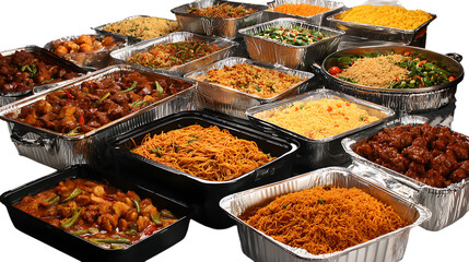 Fototapeta premium Assorted chinese food dishes in aluminum containers isolated on transparent background