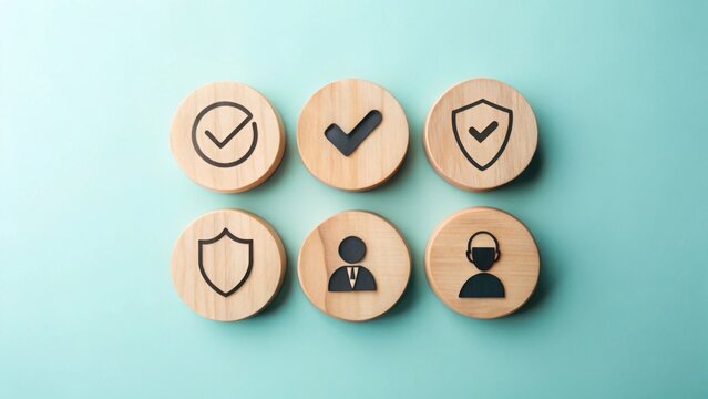 Six light wooden circular discs arranged on a teal background each featuring a minimalist black icon checkmark shield or person symbol