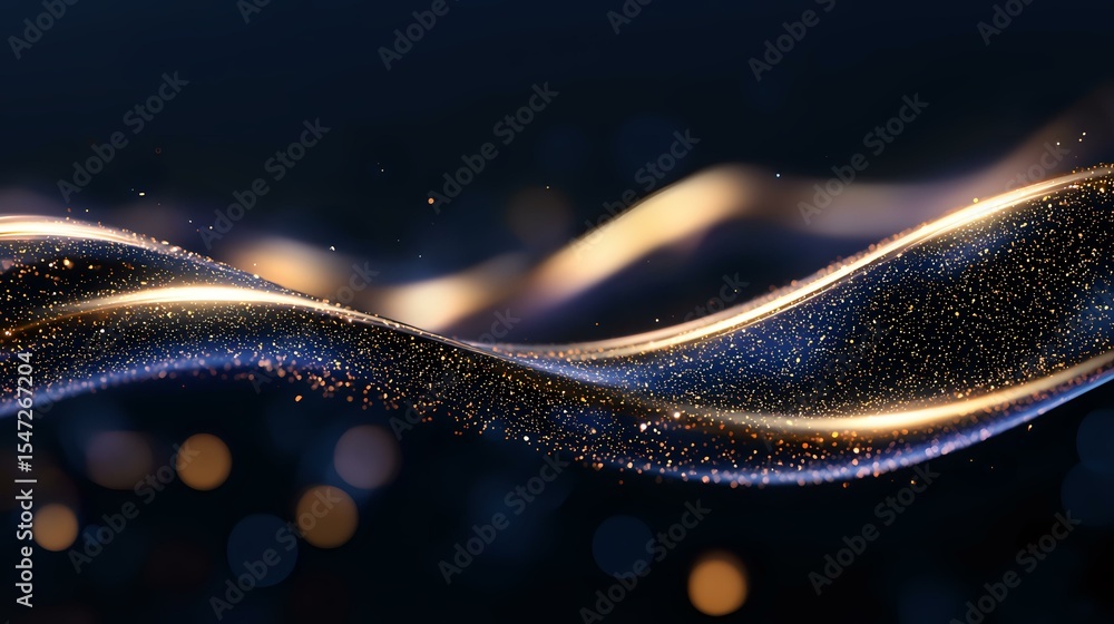 Poster glowing golden waves with sparkling particles flow against dark background creating magical abstract