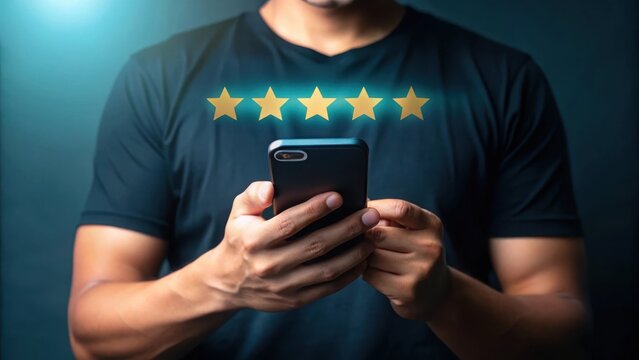 Tan skinned person holding black smartphone five gold stars glowing above device dark background