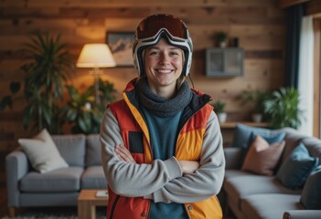 Smiling skier in a fleece vest, ready for adventure in a cozy living room