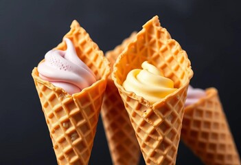 Crispy waffle cones shaped like ice cream cones, ready to be filled,   food styling,   tasty