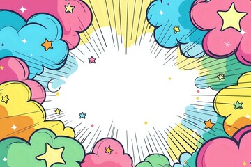 Colorful comic style explosion background with fluffy clouds and stars in pastel pink, blue, yellow and green. Dynamic radial burst effect in center.