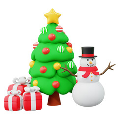 3D Set Christmas tree, Snowman, and gift box Christmas decoration ornament theme design idea	