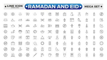 Ramadan and Eid Outline Icon Set – Religious Symbols, Islamic, Worship, and Traditions. Editable stroke outline icon.
