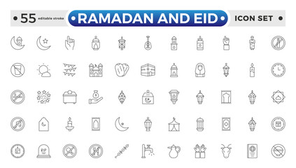 Ramadan and Eid Outline Icon Set – Religious Symbols, Islamic, Worship, and Traditions. Editable stroke outline icon.  © artshuvo