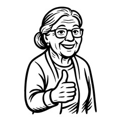 Smiling Old Woman with Thumbs Up Black and White Outline Line Art Drawing Illustration