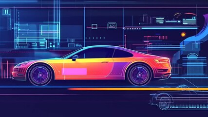 Futuristic sports car design in vibrant colors with digital interface and technology elements - Powered by Adobe