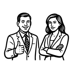 Business Team Showing Thumb Up in Formal Suit Black and White Outline Line Art Drawing