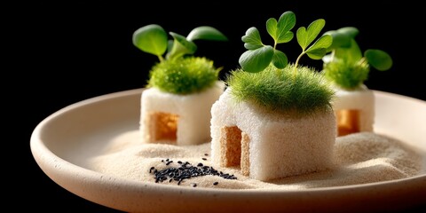 Miniature edible houses with greenery on sand in ceramic plate
