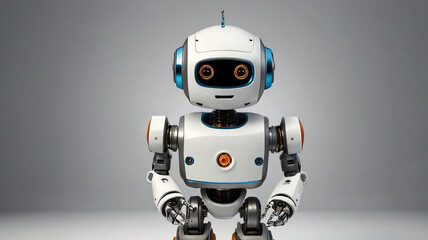 Positive cute robot pointing at a space. Copy space
