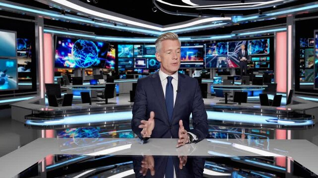 Male news anchor presenting in modern TV studio with large digital screens, professional journalism, breaking news, live television broadcast, media communication, global information, newsroom