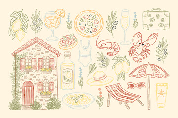 Hand drawn Italian summer illustration collection. Food, drinks, house, lemons, beach accessories, seafood, and herbs for postcards, branding, packaging, travel promotions.