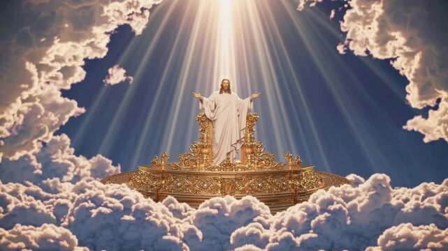 Jesus seated on a majestic golden throne above the clouds with radiant light, symbolizing divine glory, heavenly kingdom, judgment, eternal reign, and the sacred authority of Christ