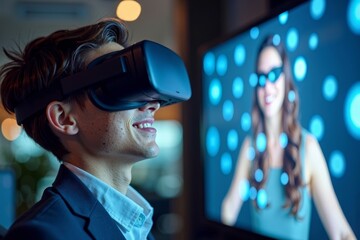 A young businessman in virtual reality glasses video conferencing on a holographic computer screen.