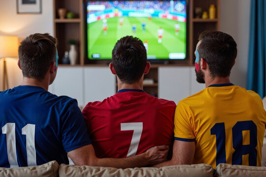 Three men don team jerseys and face paint as they anxiously watch a football game on the couch.