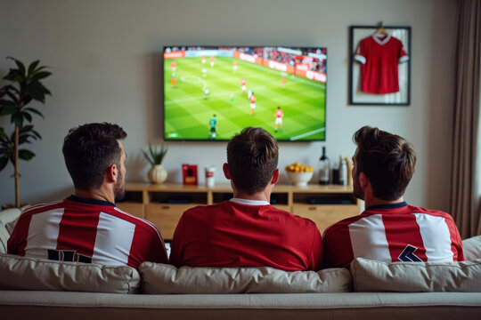 Three Men in Team Jerseys on Couch, Passionately Watching Football Game on TV surrounded by memorabilia