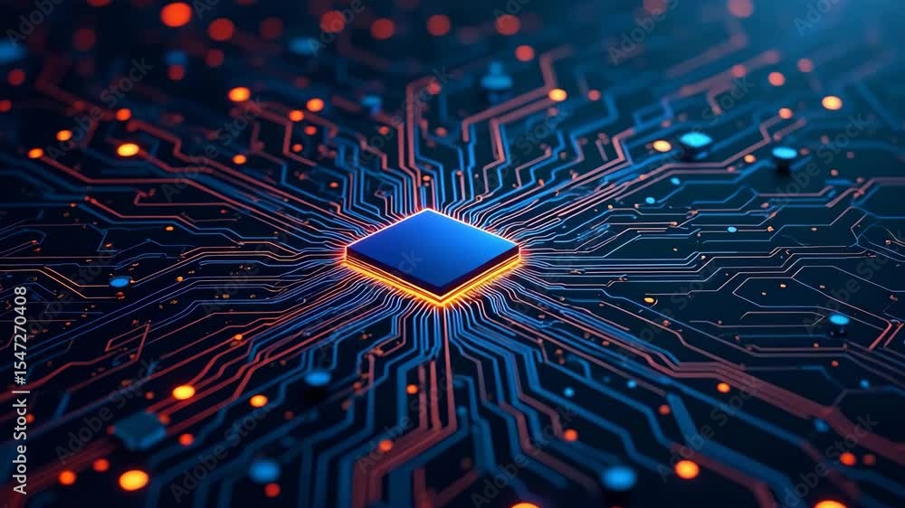 Poster futuristic microchip with glowing circuit lines, digital technology background, innovation electroni