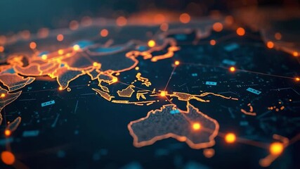 Glowing digital map of Asia and Australia featuring illuminated network connections, futuristic technology, data transfer, vibrant global communication, abstract modern connection, and high tech - Powered by Adobe