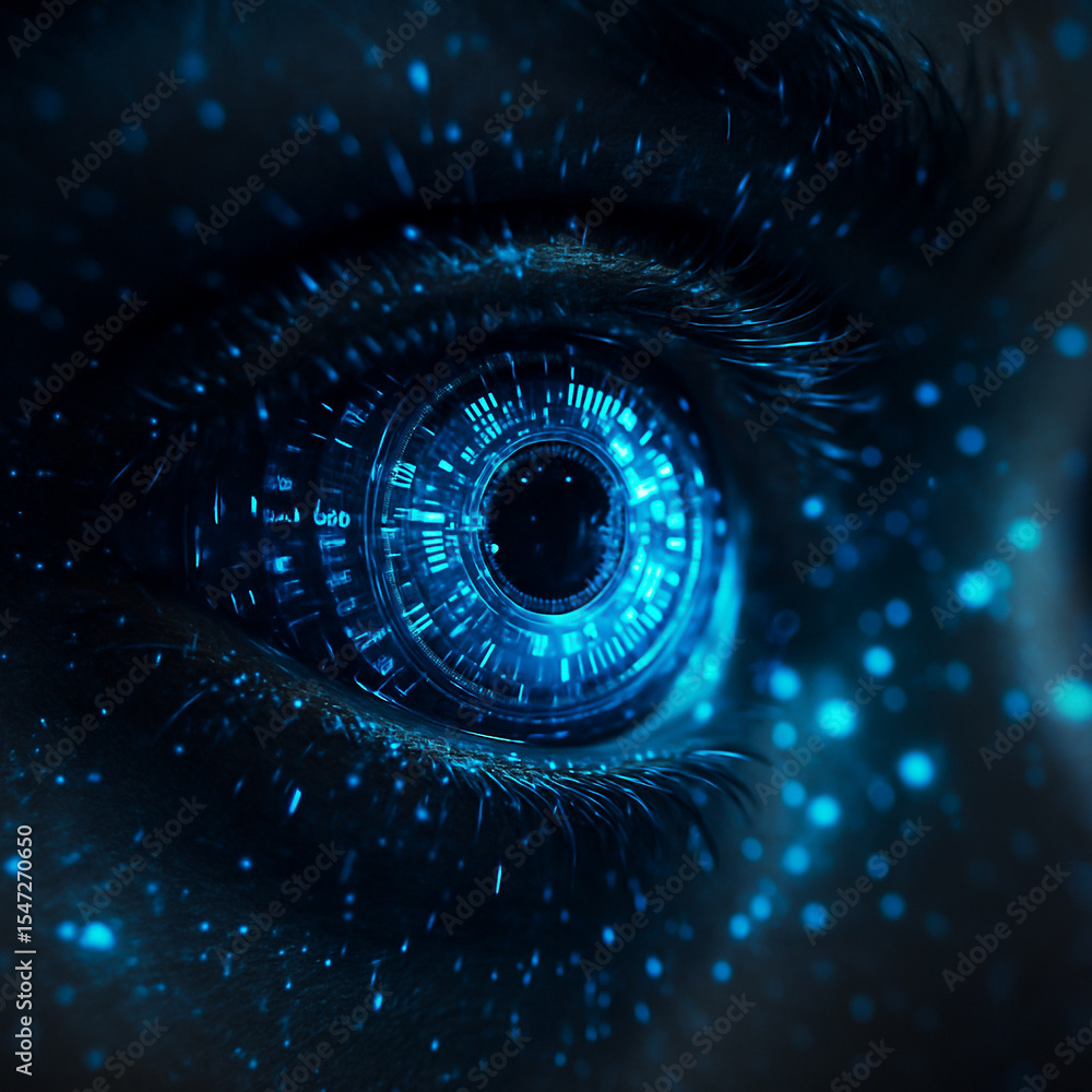 Poster ai generated ultra detailed closeup of a human eye integrated with luminous circuits particles and d