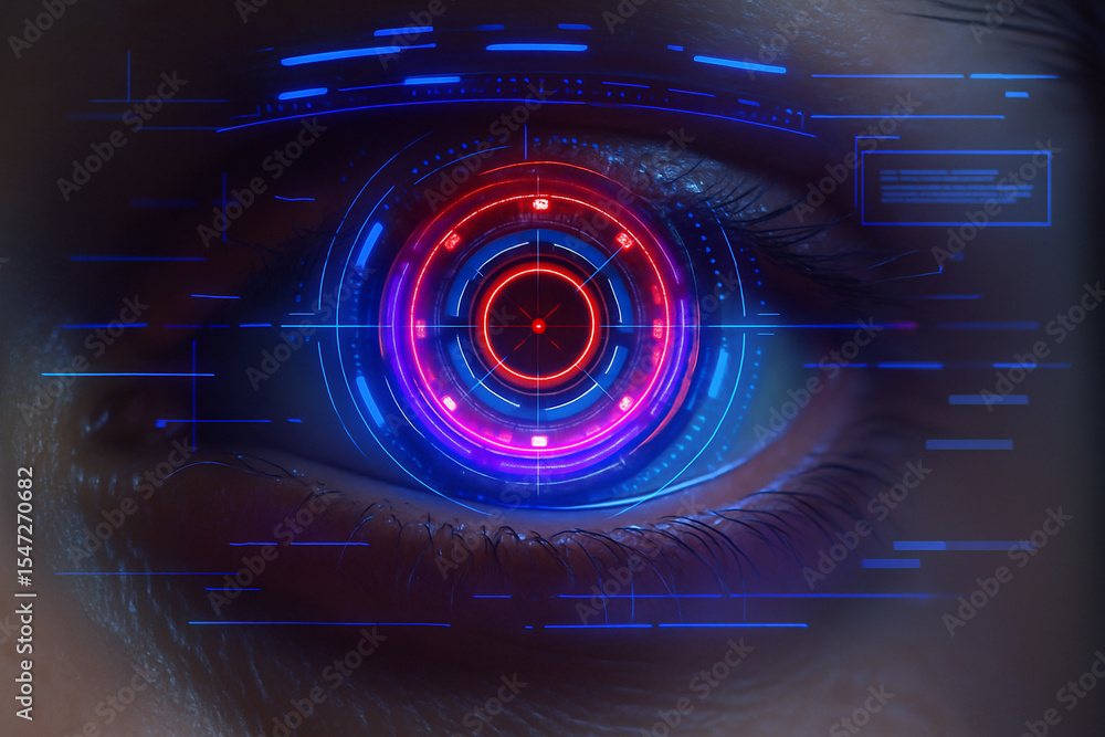Poster ai generated photorealistic sci fi rendering of a human eye with glowing concentric rings and digita