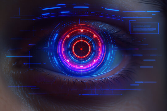 AI generated photorealistic sci fi rendering of a human eye with glowing concentric rings and digital HUD elements representing high tech scanning biometric analysis and AI powered vision