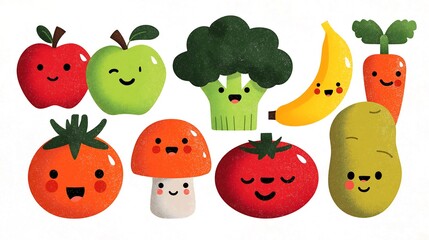 Illustration of various smiling fruits and vegetables on a white background display of food items