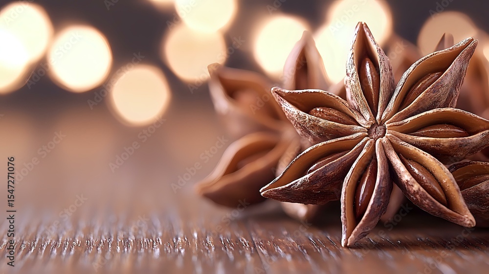 Poster star anise pods on rustic wooden surface with soft bokeh lights in background creating warm festive 
