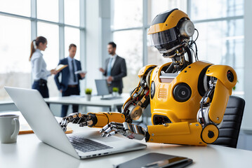 Humanoid Robot Working on Laptop Computer in Modern Office with Business People in Background Artificial Intelligence Technology