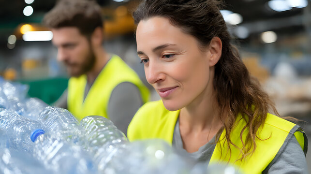 Smiling female worker in safety vest sorting plastic bottles at recycling facility. Male coworker in background performing waste management duties.