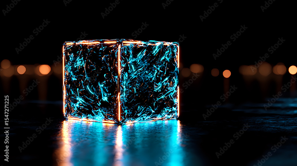 Poster glowing neon blue ice cubes with cracked texture on dark background with bokeh lights creating magic