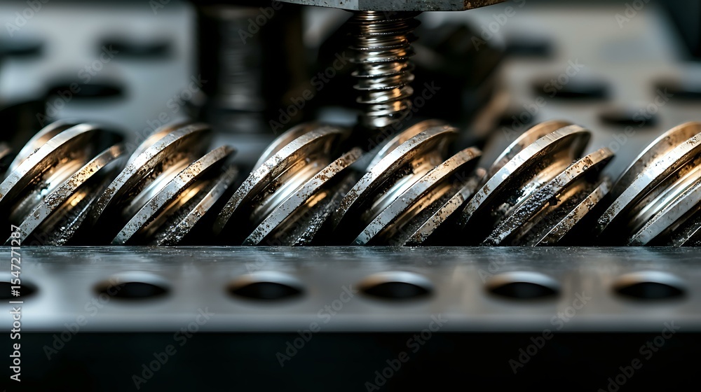 Poster close-up macro shot of industrial metal gears and mechanical components showing precise engineering 